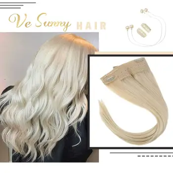 

VeSunny One Piece Invisible Halo Hair Extensions Real Human Hair Fish Line Flip in Wire with 2 Clips on Light Blonde #60