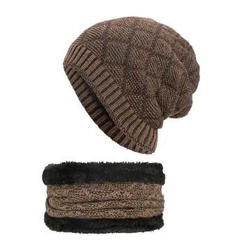 

2PCs Men Hat Scarf Set czapka i komin tricotin шапка с шарфом Winter Plaid Knit Cap Earmuffs Plus Velvet Thick Warm Sacrf Hat #E