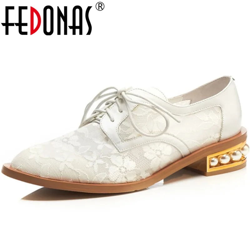 

FEDONAS Fashion Women Genuine Leather Shoes Spring Summer Lace Pearl Decoration Round Toe Thick Heel Cross-Tied Shoes Woman