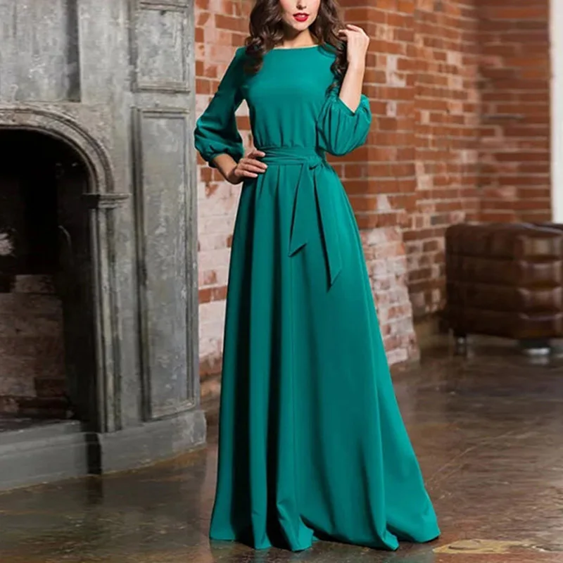 

B 2019 Summer Elegant Fashion Design Women Round Collar Long Sleeve Solid Color Long Belt Slim Waist Loose Mid-length Dress