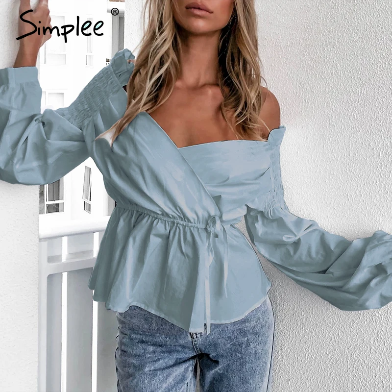 Simplee с плеча фонарь длинным рукавом женская блузка белая эластичная
