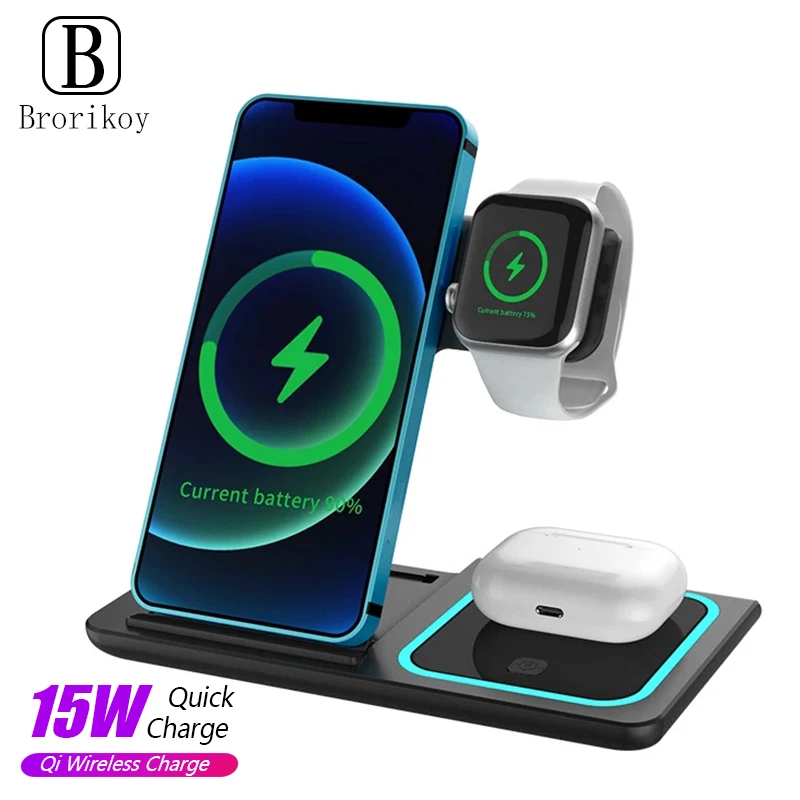 Caricabatterie Wireless Magnetico 15W 3 In 1 Per Iphone 12 11Pro Max Samsung Xiaomi 11 Apple Watch Series 6 5 4 3 2 Dock Di Ricarica