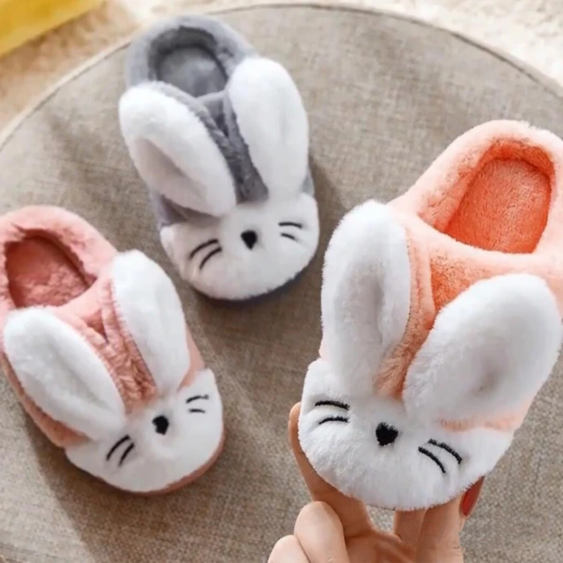 

Kids Cotton Indoor Cute Rabbit Slippers Baby Winter Boys Girls Home Non-Slip Cartoon Pattern Cute Plush Warm Shoes
