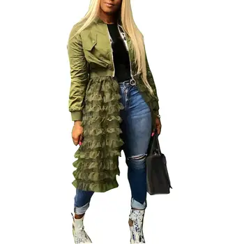 

Jacket Women Long Sleeve zipper dress coat mesh lace Ruffle Patchwork long Jacket