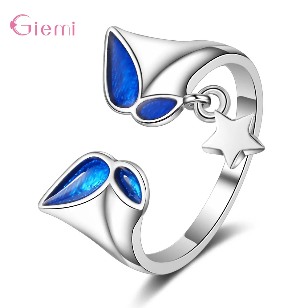 

New Trendy 925 Sterling Silver Blue Butterfly Star Open Ring For Girls Women Simple Adjustable Party Ring Gift Jewelry