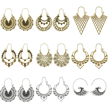 

Crazy Feng Vintage Women Drop Earrings Antique Gold Silver Geometric Hollow Flower Dangle Hanging Tribal Earrings For Women