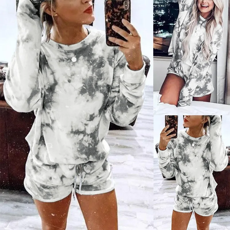 

Tie-dye Printing Casual Home Suit European and American Women's Long-sleeved Round Neck Shorts Two-piece Suit