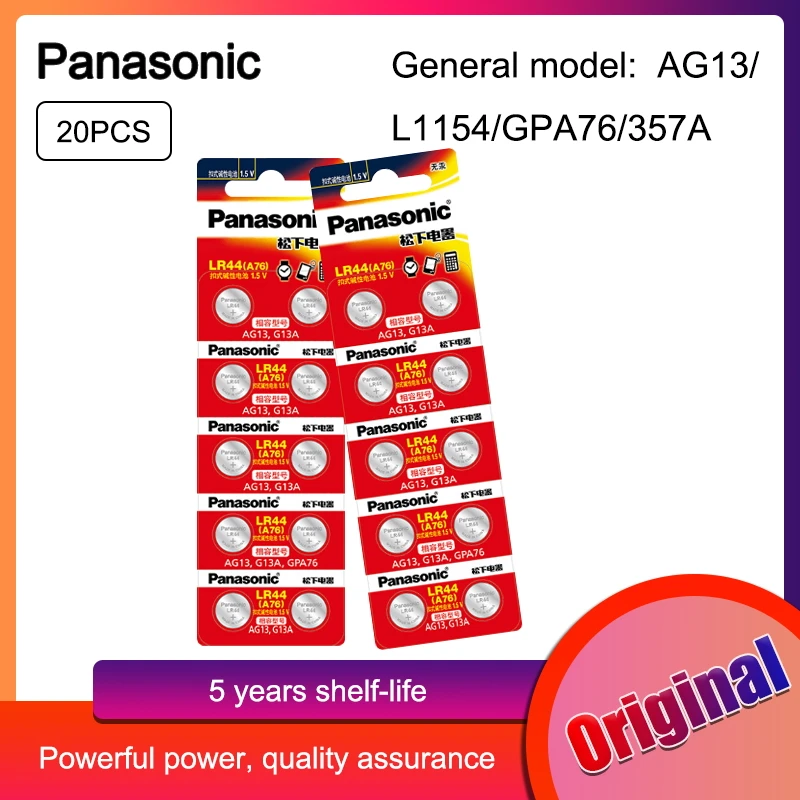 Часовая батарейка Panasonic LR44 LR 44 A76 AG13 1 5 V 20 шт. Кнопочная G13A LR1154 SR1154 357A SR44 SR44SW SR44W GP76 |