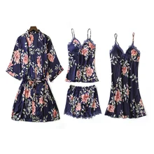 Сексуальный женский халат с принтом, 4 шт., атласный халат из вискозы, женское кимоно, банное платье, повседневная одежда для сна, ночная рубашка для подружки невесты, костюм