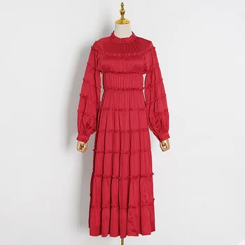

HIGH STREET Newest 2020 Fall Winter Designer Dress Women's O-Neck Lantern Sleeve Ruffles Long Dress