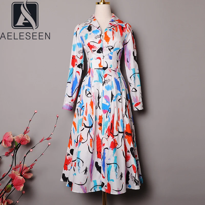 AELESEEN, подиумное модное женское платье, весна-осень, дизайнерское, с длинным рукавом, с красочным принтом, элегантные вечерние платья миди, Vestidos
