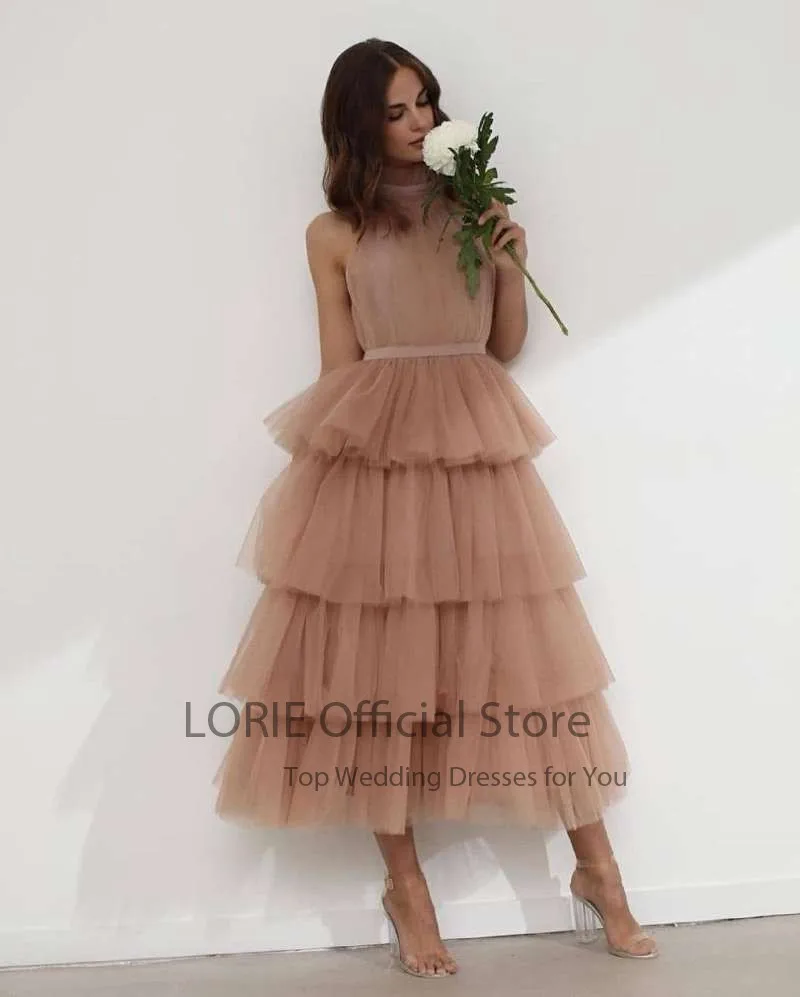 LORIE Baby Blue Prom Dresses High Neck Tiered Tulle Tea Length Backless Summer Arabic Wedding Party Gown Graduation Dress 2021