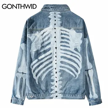 

Graffiti Skeleton Bones Print Denim Jacket Streetwear Men Punk Rock Denim Jean