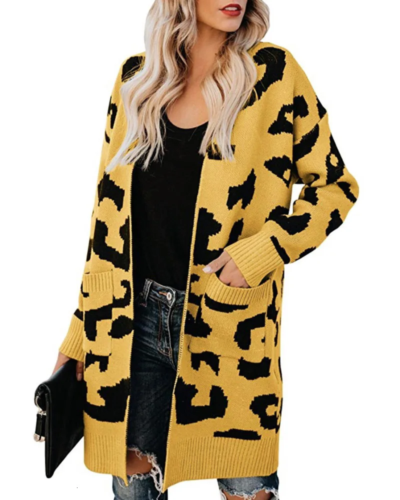 Sweater Girls Long Section Two Pocket Leopard Print Cardigan