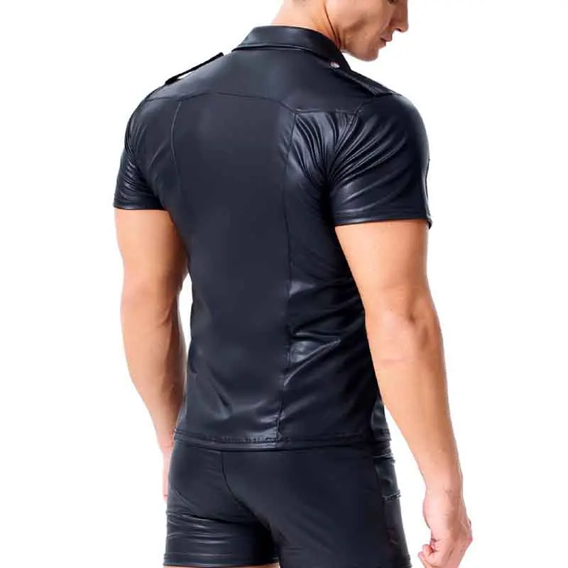Men's Shirts PU Leather Short Sleeve Slim Fit Tshirts Male Dance Stage Clubwear T-shirt Men Gothic Streetwear Tops Tee Plus Size (4)