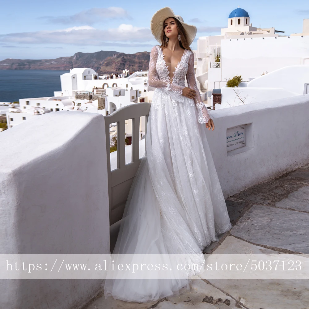 #Special Offers Lange Mouwen Trouwjurken Diepe V-hals Kant Applicaties Een Line Bridal Bruidsjurken Backless Hof Trein Vestido De Noiva