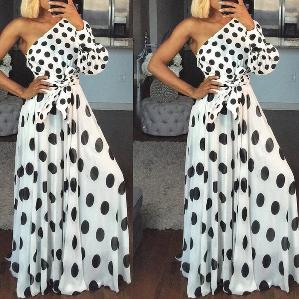 

Polka Dot Print Women Summer Dress Sexy One Shoulder High Waist Belt Beach Dress Female Bohemian Pleated Maxi Dresses Vestidos