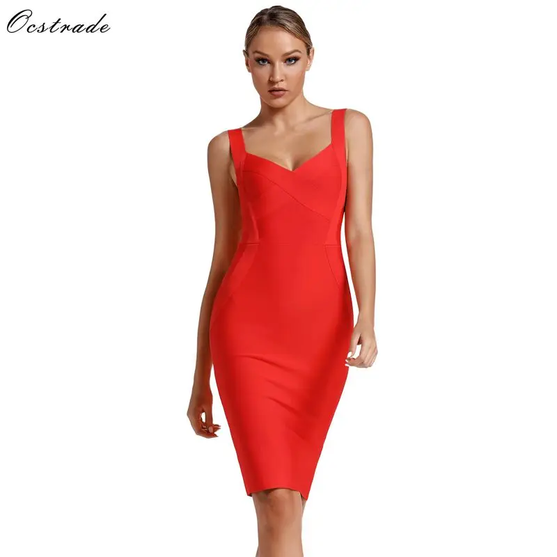 

Ocstrade Red Bandage Dresses 2019 New Arrivals Spaghetti Strap Celebrity Bandage Dress Party Evening Women Bodycon Midi Dress