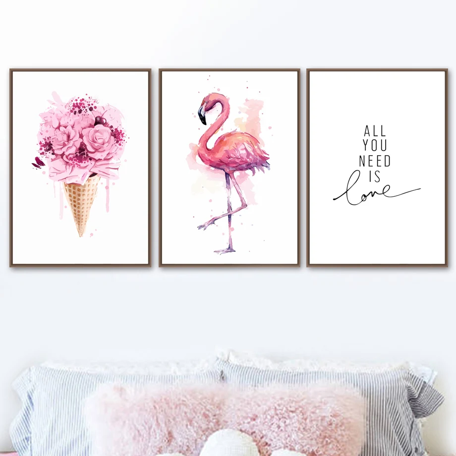Pink-Flamingo-Flower-Ice-Cream-Love-Quote-Wall-Art-Canvas-Painting-Nordic-Posters-And-Prints-Wall (2)