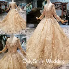 Сексуальные свадебные платья цвета шампанского, золотые, роскошные длинные рукава, Кружевная аппликация тюля украшенного бусами, бальное платье, платье невесты, Vestido De Noiva