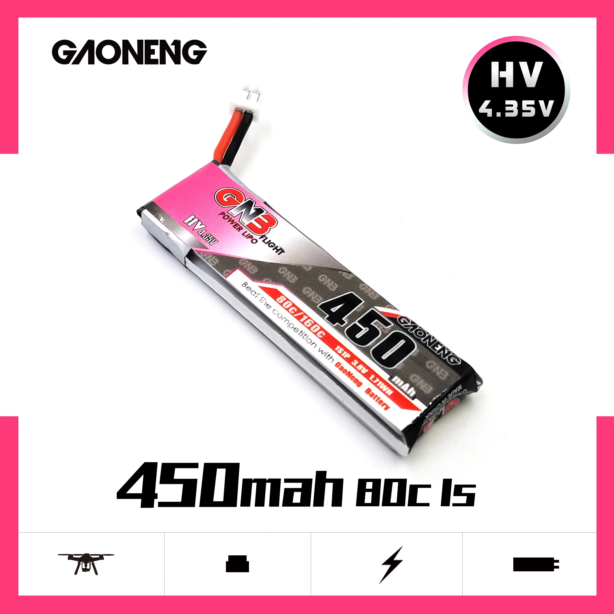 Gaoneng GNB 1S HV 4,35 V 450mAh LiPo батарея 80 с разъемом PH2.0 для RC FPV маленький Дрон TINY7 - Цвет: 1pcs