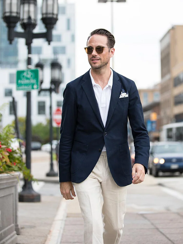 

Мужской облегающий костюм ANNIEBRITNEY Navy из 2 предметов с бежевыми брюками смокинг для жениха Свадебный костюм из 2 предметов для выпускного свадебного делового костюма для мужчин