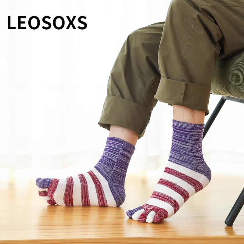 

Autumn New Style Quality Men Socks Pure Cotton Casual Colorful 3 Lines Retro Thick Split Five Toe Stripe Deodorize Man Crew Sock