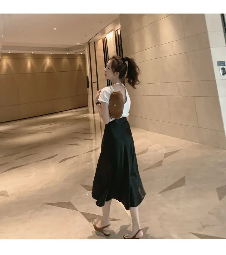 HOUZHOU Vintage Elegant Satin Skirt Women Temperament Luster High Waist A-line Midi Long Skirt Summer Solid Loose Korean Fashion HOUZHOU Vintage Elegant Satin Skirt Women Temperament Luster High Waist A-line Midi Long Skirt Summer Solid Loose Korean Fashion