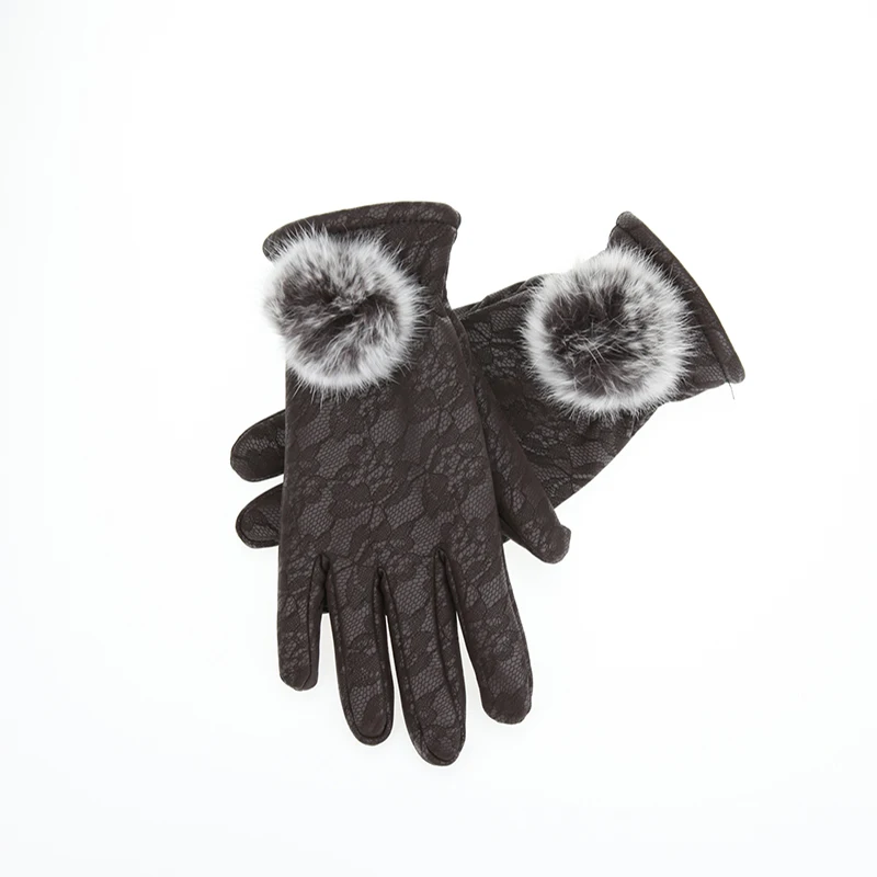 [CHARA'S] Брендовые женские перчатки кожаные перчатки кружевные теплые перчатки с кроличьим мехом модные зимние теплые тактильные перчатки - Цвет: Color 1
