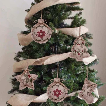 

Rustic Christmas Tree Ornaments Stocking Decorations Burlap Country Christmas Stocking Ball Tree Bell with Red and Green Holly L