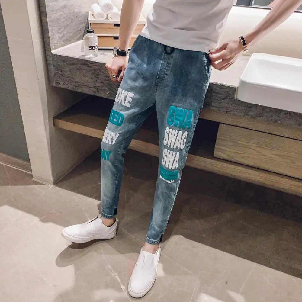 New Arrival Hot Sale Brand autumn men's casual high quality printed trouser male slim korea style fit nine-tenth pants jean
