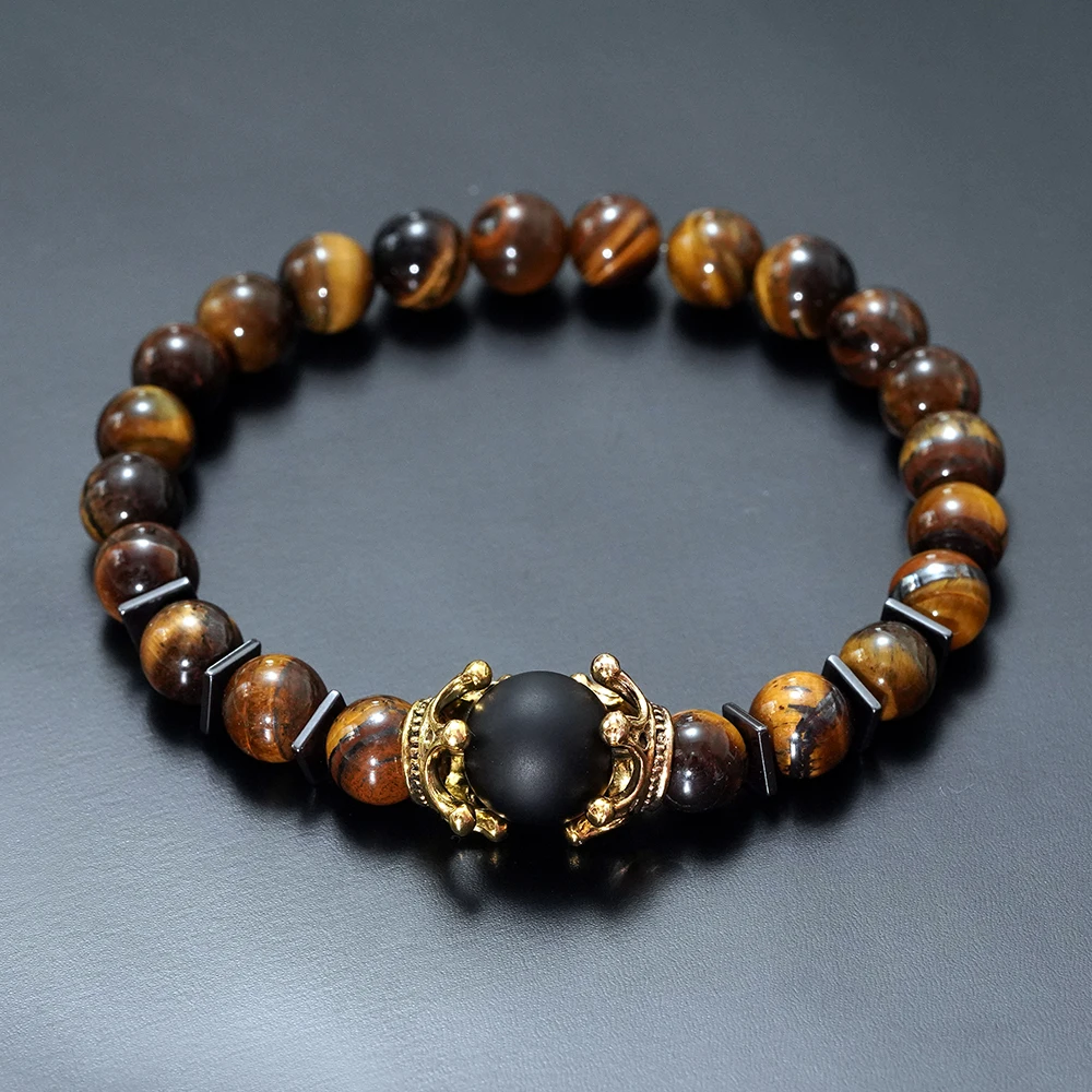 Bracelet Jewelry Charm Tiger Eye-Stone High-Quality Luxury Crown Antique Men Fashion