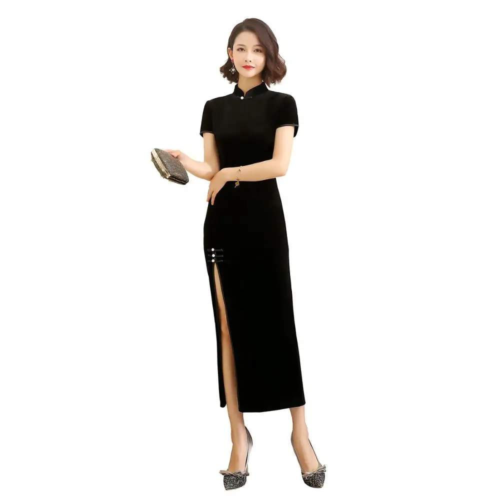 Китайское традиционное длинное платье Чонсам с коротким рукавом из бархата Qipao, китайское женское платье, 4 цвета - Цвет: Black