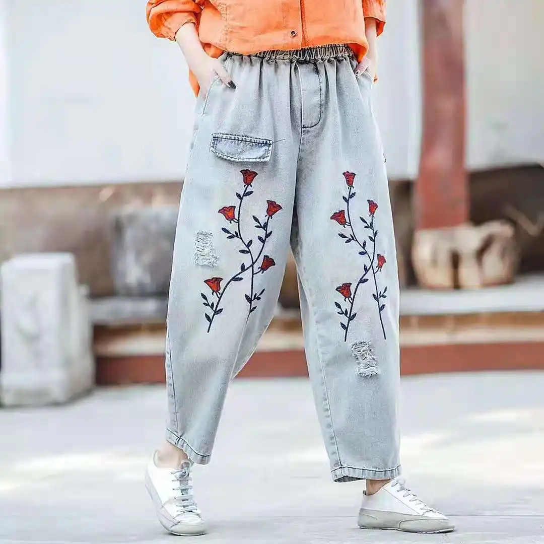 Women Vintage Floral Embroidered Baggy 