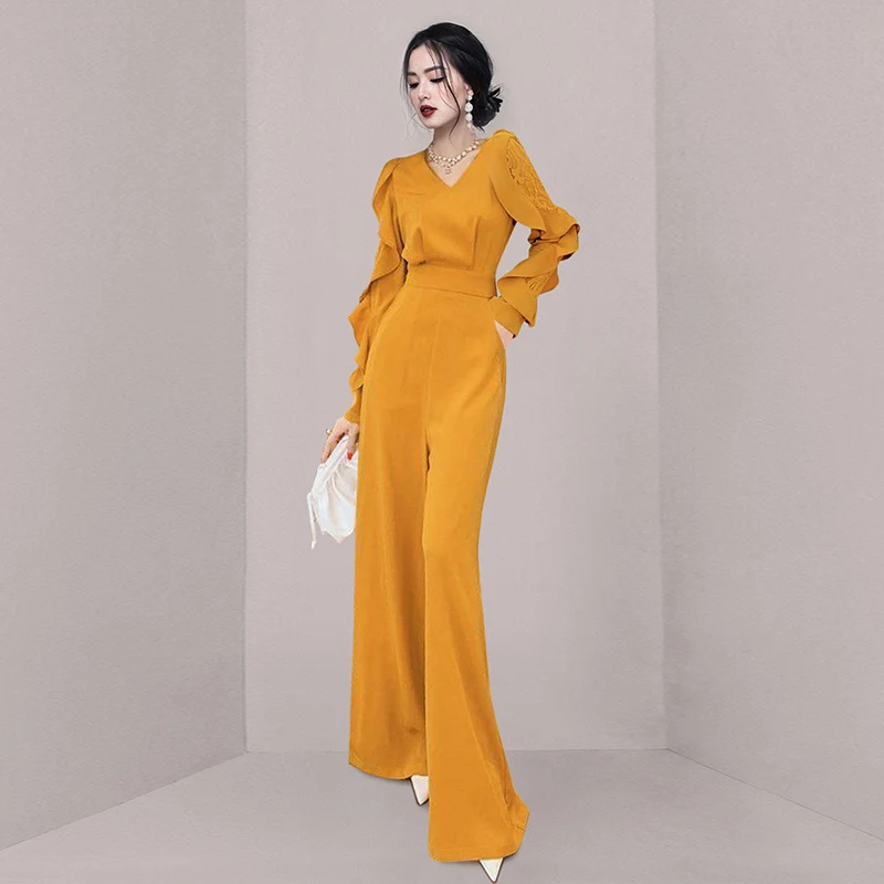V Neck Wide Leg Trousers Long Playsuits 