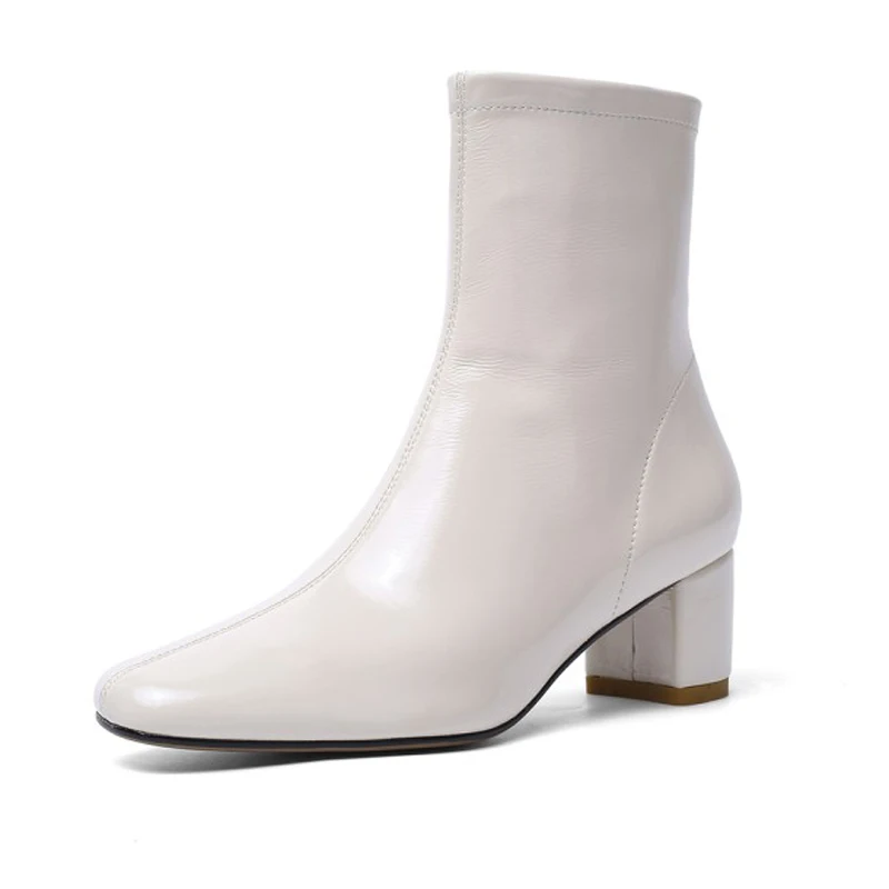 Real Patent Leather Women Short Boots Autumn Winter Mid Heel Shoes F009 Fashion Ladies Zipper Black Beige Square Toe Ankle Boots
