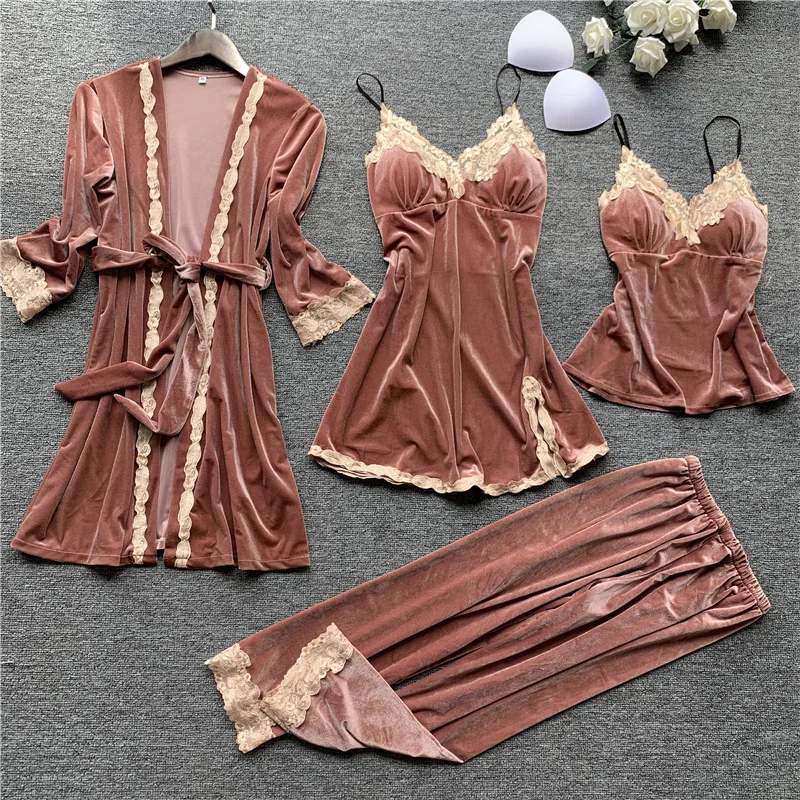

4PCS Robe Set Velvet Lady Kimono Bathrobe Gown Sleepwear Lace Velour Sexy Home Dressing Gown Autumn Winter Warm Night Dress