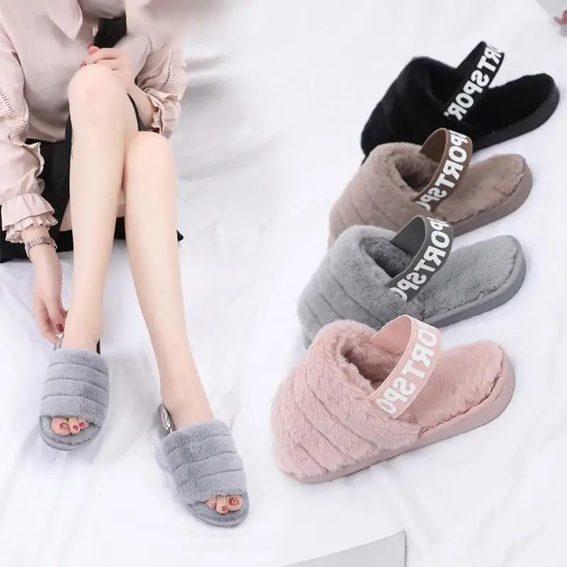 

Winter Fluffy Slippers Women Fur House Slippers Warm Indoor Shoes Ladies Slides Flat Sandals Strap Slippers