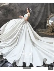 2019 Новое дизайнерское Белое Атласное Бальное Платье Свадебное платье с открытыми плечами с коротким рукавом Принцесса Пышные Длинные