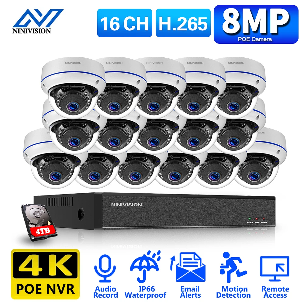 H.265 + 16CH 4K 8MP POE NVR комплект камер видеонаблюдения Система AI Ultra HD 5MP наружная
