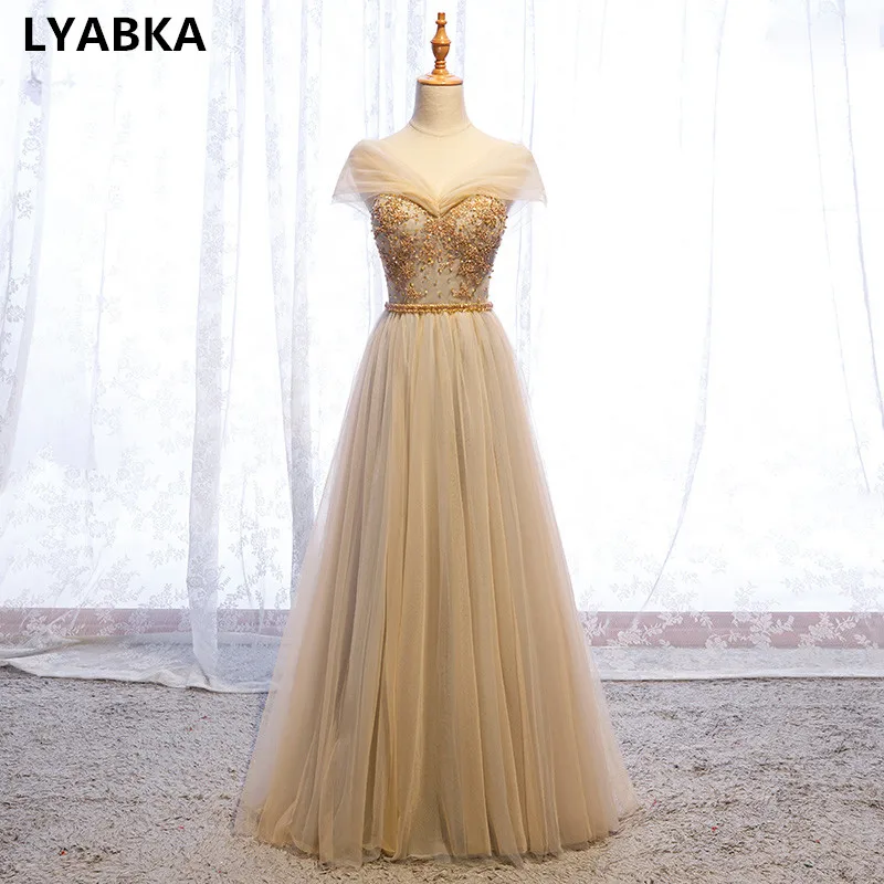 Цвет: желтый Милое вечернее платье Robe De Soiree Тюль с аппликацией расшитые блестками и бисером вечерние платья длинное платье vestido de festa - Цвет: Цвет: желтый