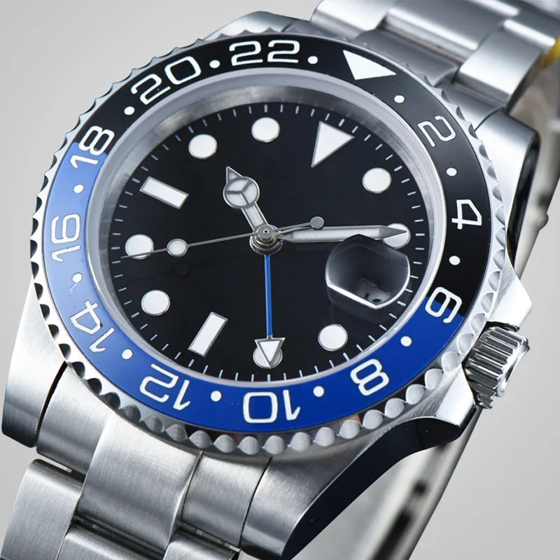 Автоматические часы GMT синие и черные 40 мм Φ сапфировое стекло для часов браслет