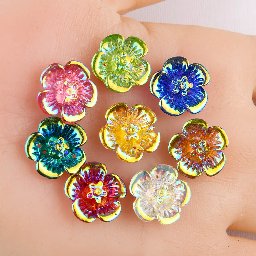 

BOLIAO 20Pcs 16mm Rose Flower AB Color Shiny Resin Flat Back Sew On Bag/Clothes Handmade Art Work Pendant Decoration 2 Hole R318