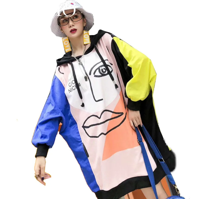 

QING MO Fashion Brand Women Patchwork Color Dress Women Autumn Hooded Sweatshirt Dress Full Batwing Sleeve Dress ZQY1422