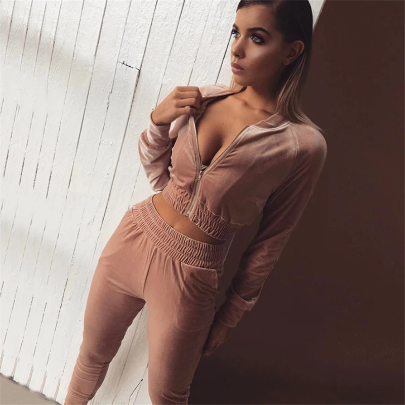 Cena 2019 jesień zima ubrania moda damska bluza Crop Top spodnie zestawy aksamitne dresy welurowe gładka miękka garnitur kobiet 2 sztuk zestaw