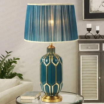

Ceramic Table Lamps Bedroom Bedside Lamp Modern Living Room Desk Lamp Hand Painted Porcelain New Chinese Grid Idyllic Blue E27