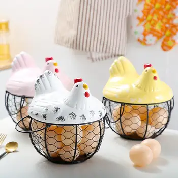 

1PCs Ceramic Egg Holder Chicken Wire Egg Basket Fruit Basket Collection Ceramic Hen Oraments Decoration Kitchen Storage