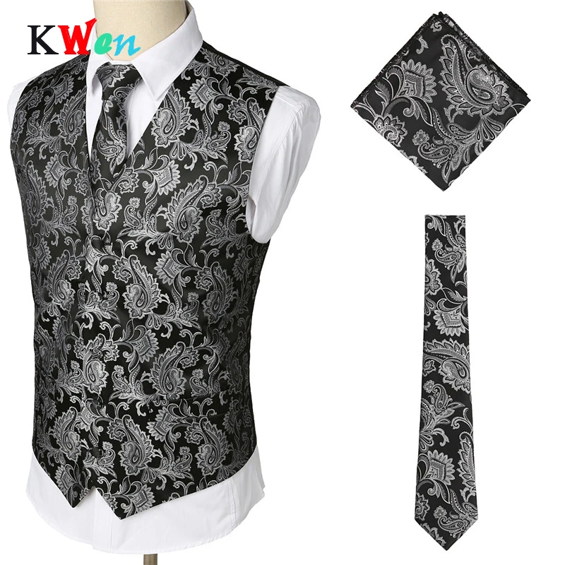 3 шт. Мужской Жаккардовый жилет галстук и платок|Костюмные жилеты| |