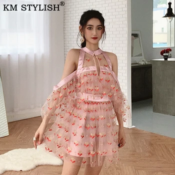 

[IN STOCK] Summer Jumpsuit New Women's Playsuits Blue Stand Collar Lace Mesh Embroidered Petals Strapless Pink Ruffles Overall
