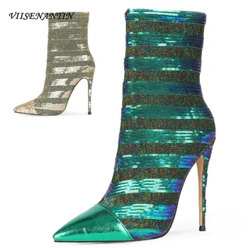 

Contrasting Color Sequin Pointed Toe Shoes 12cm Super High Stiletto Side Zipper Short Tube Nightclub Tide Boots Large Size Shoes